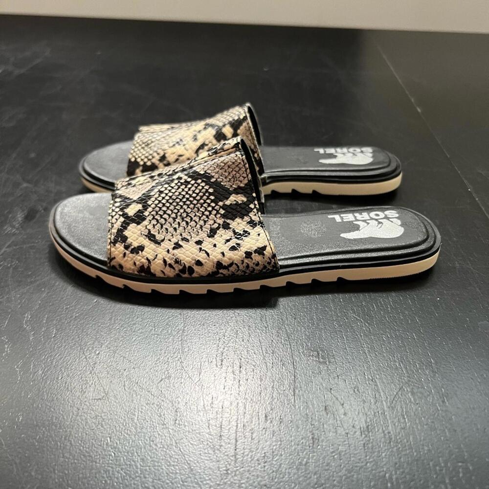 Sorel Snake-Print Slide Sandals in Beige and Black